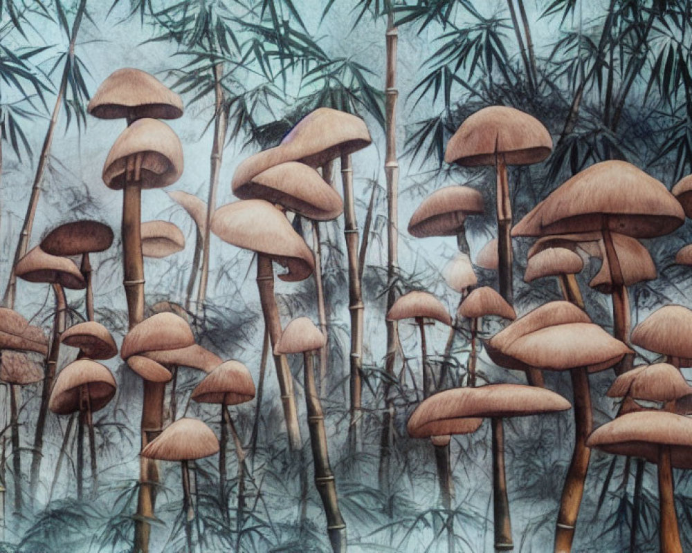 Realistic brown mushrooms on bamboo backdrop