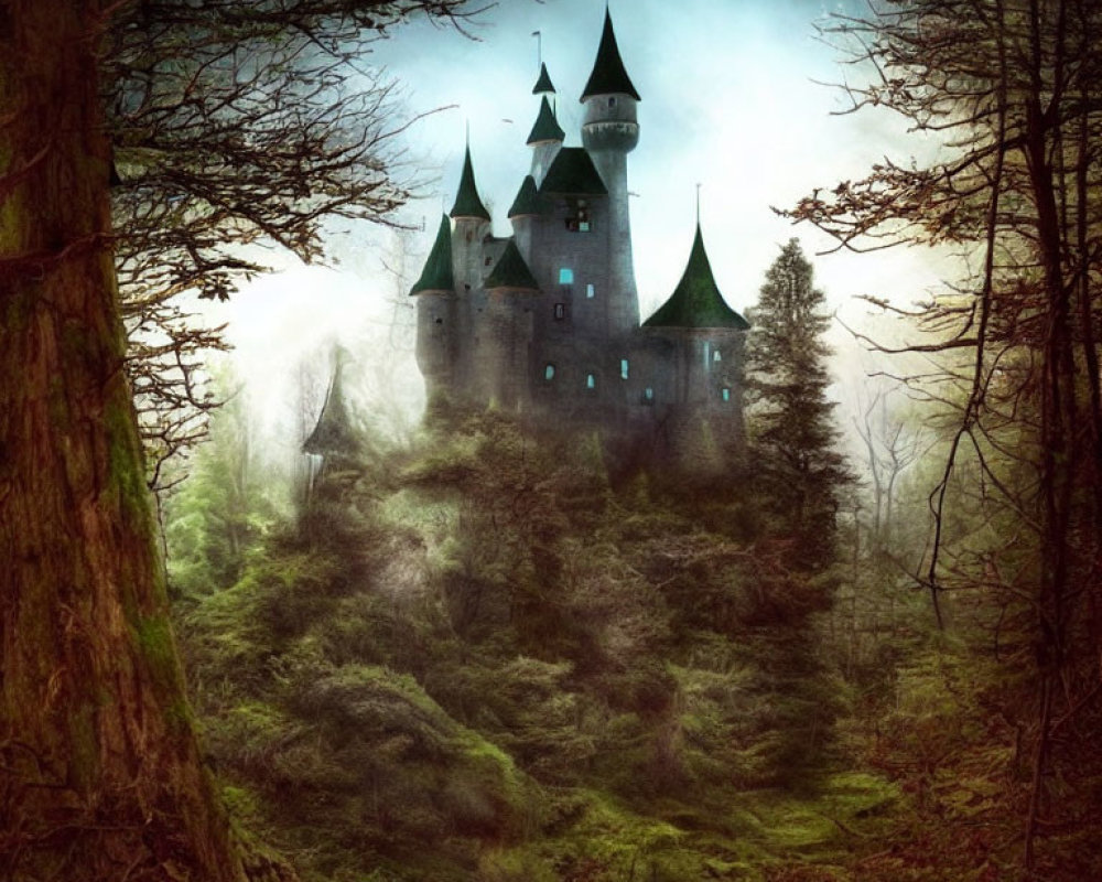 Mystical castle with spires in foggy forest under eerie green light