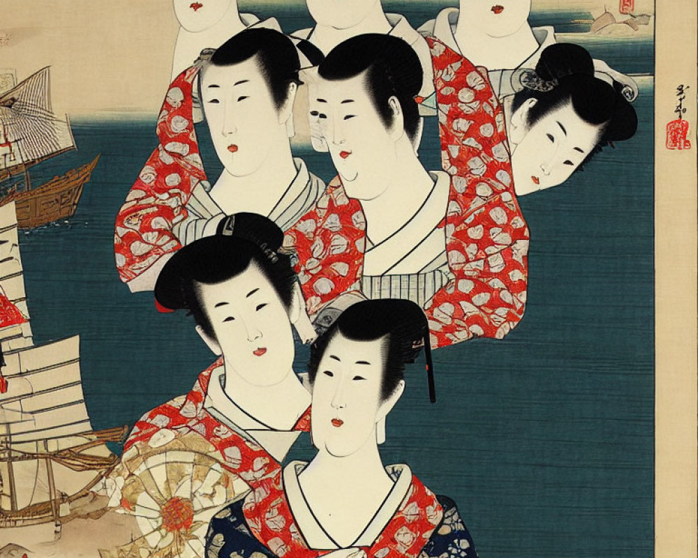 Japanese woodblock print: Five geisha in kimonos by calm sea