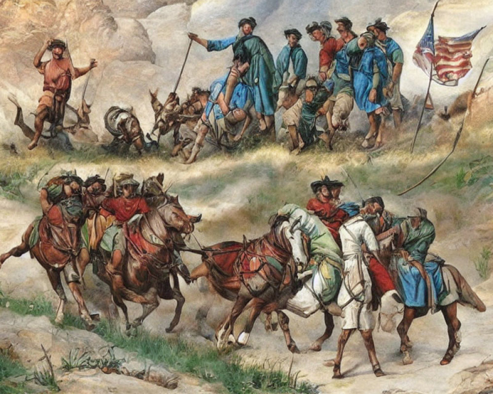 Historical painting of soldiers in uniforms with American flag