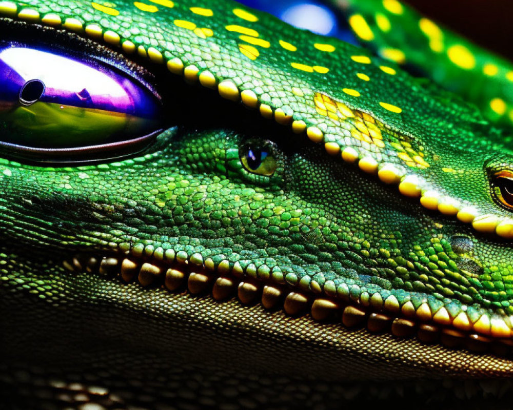 Detailed Close-Up of Vibrant Green and Yellow Reptile's Eye and Scales