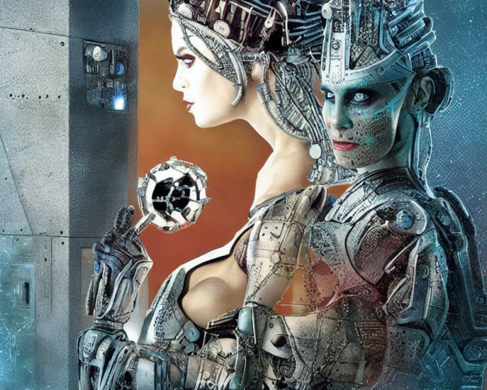 Futuristic cyborg women with mechanical details and tech backdrop