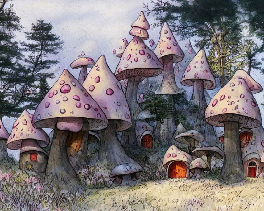 Whimsical Mushroom Houses in Serene Fantasy Forest