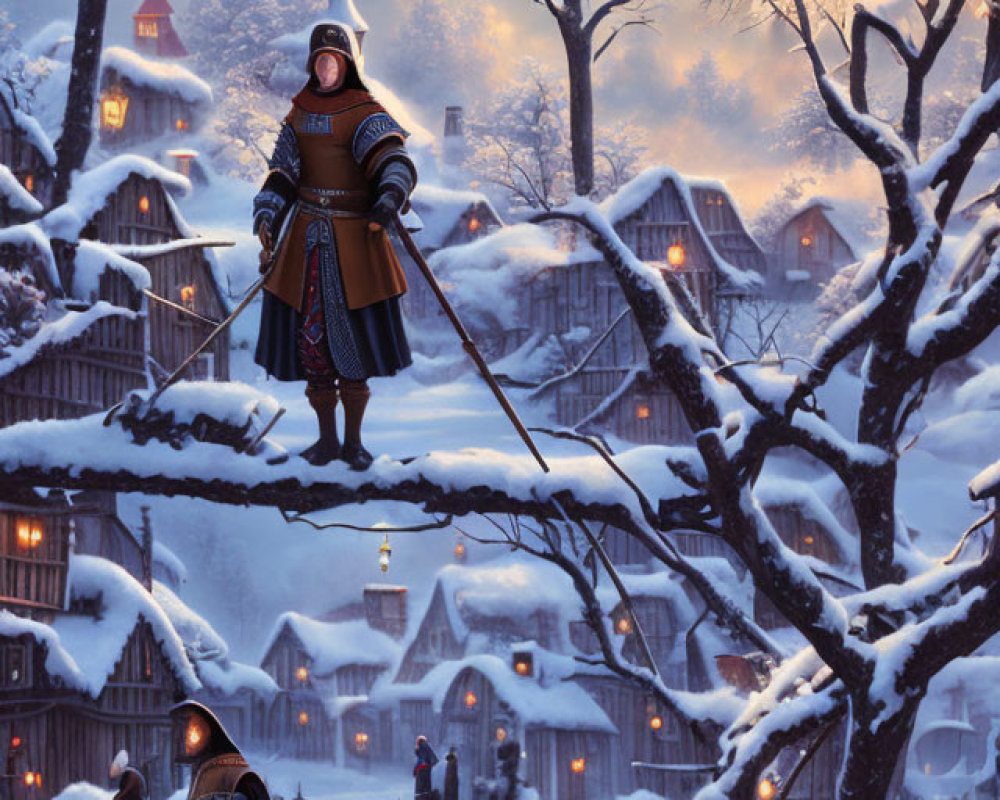 Medieval knight with spear in snowy village at dusk