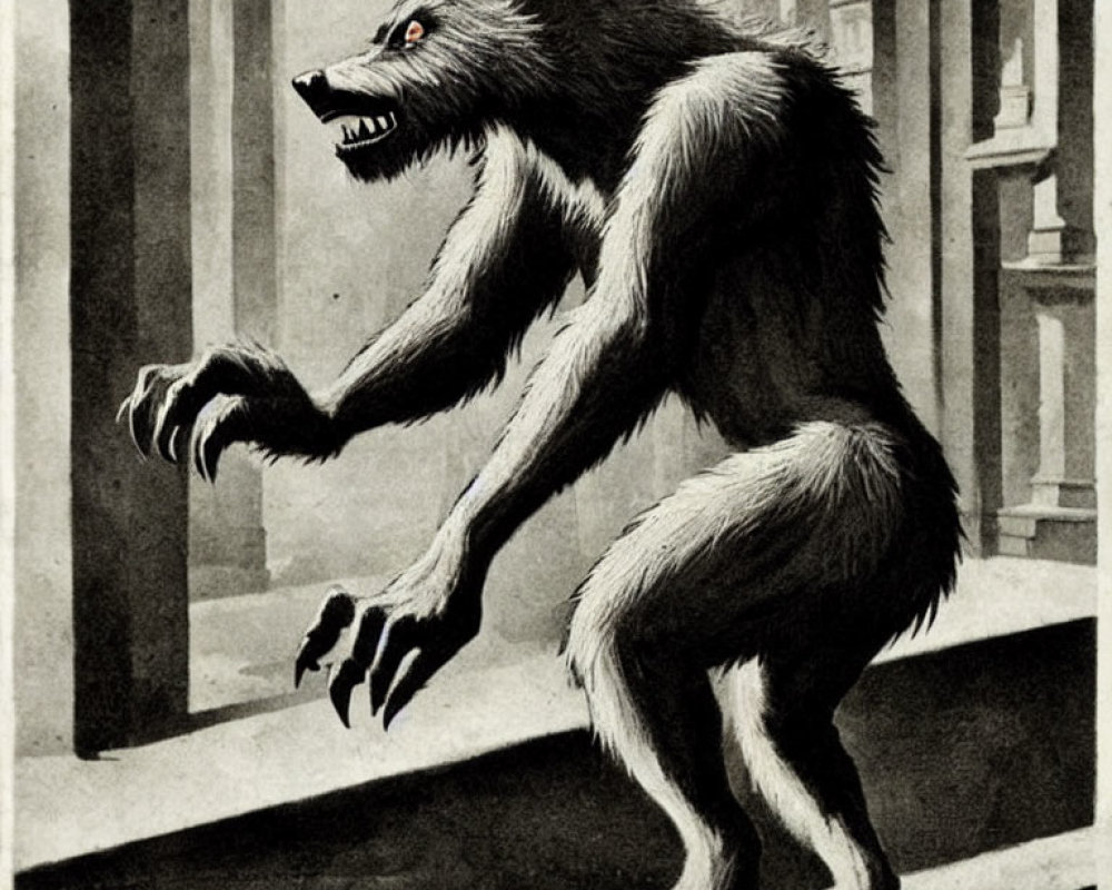 Vintage werewolf illustration in gothic setting.