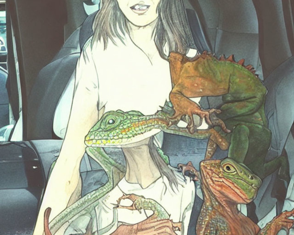 Woman in car with green reptile and colorful lizards.