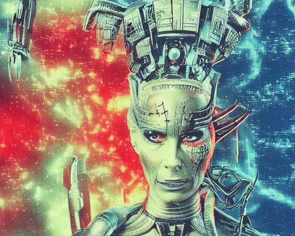 Detailed Cyborg Illustration with Humanoid Features and Red Eyes in Cosmic Space