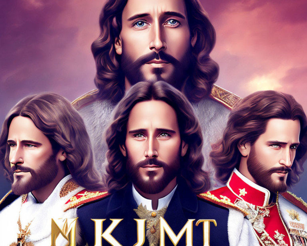 Stylized portraits of a man with long hair and beard in regal military uniforms