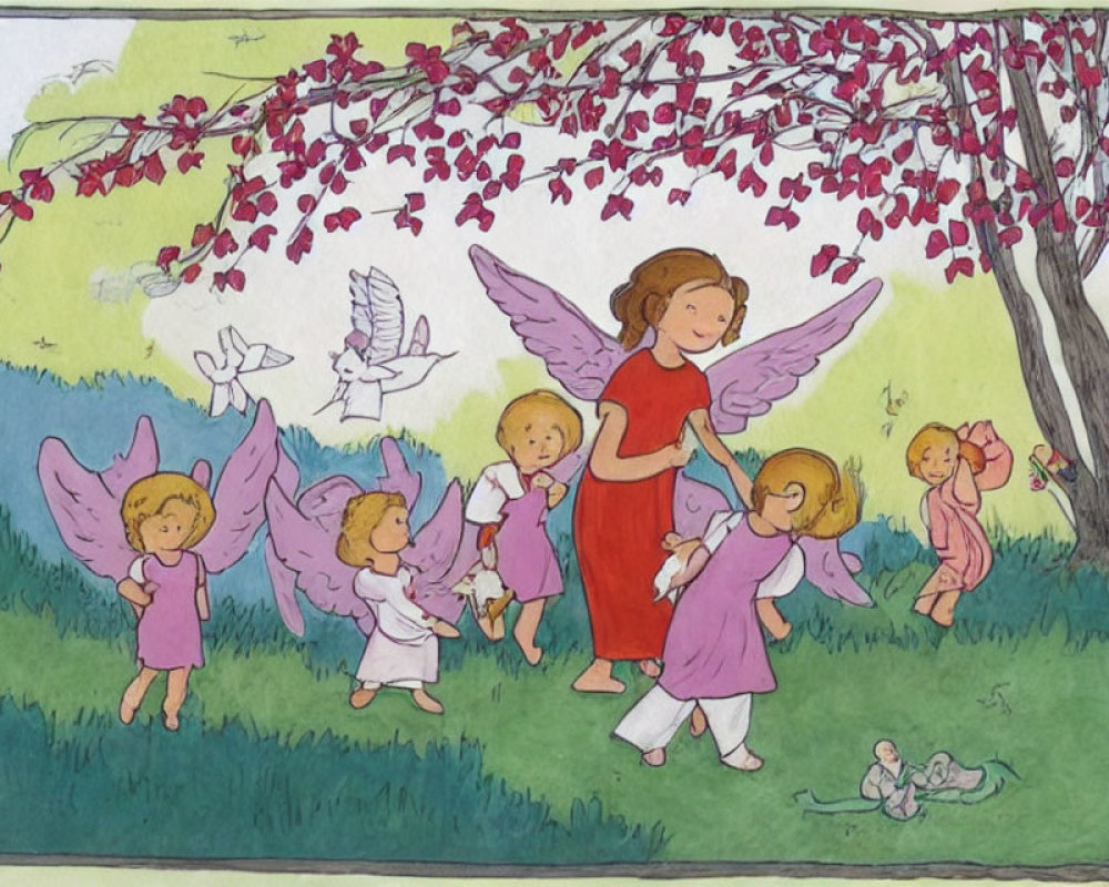 Angels Illustration: Various wing sizes, playing instruments, dancing, and flying under a tree with