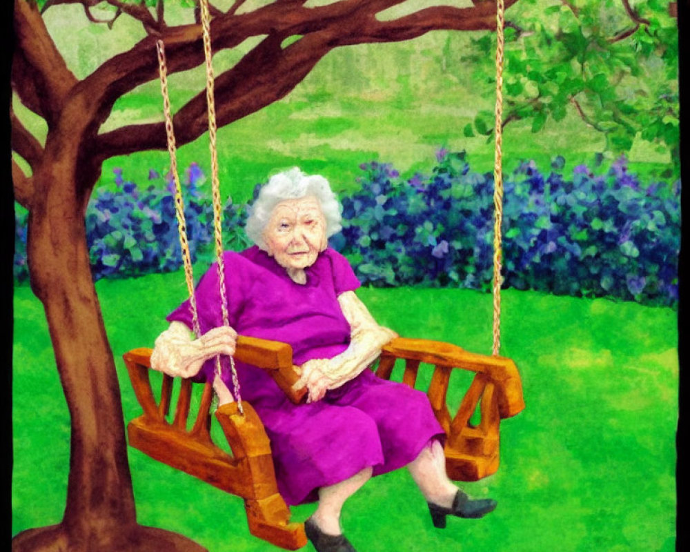 Elderly woman in purple dress on wooden swing in lush garden