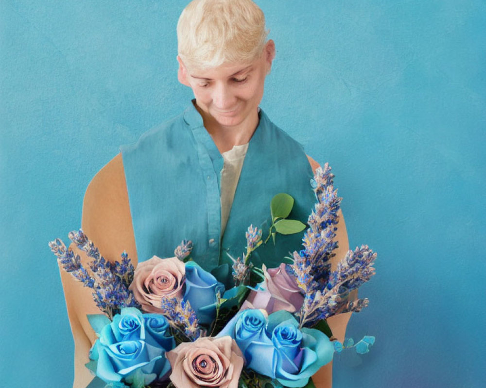 Blond person smiling with bouquet of blue and pink roses on blue background