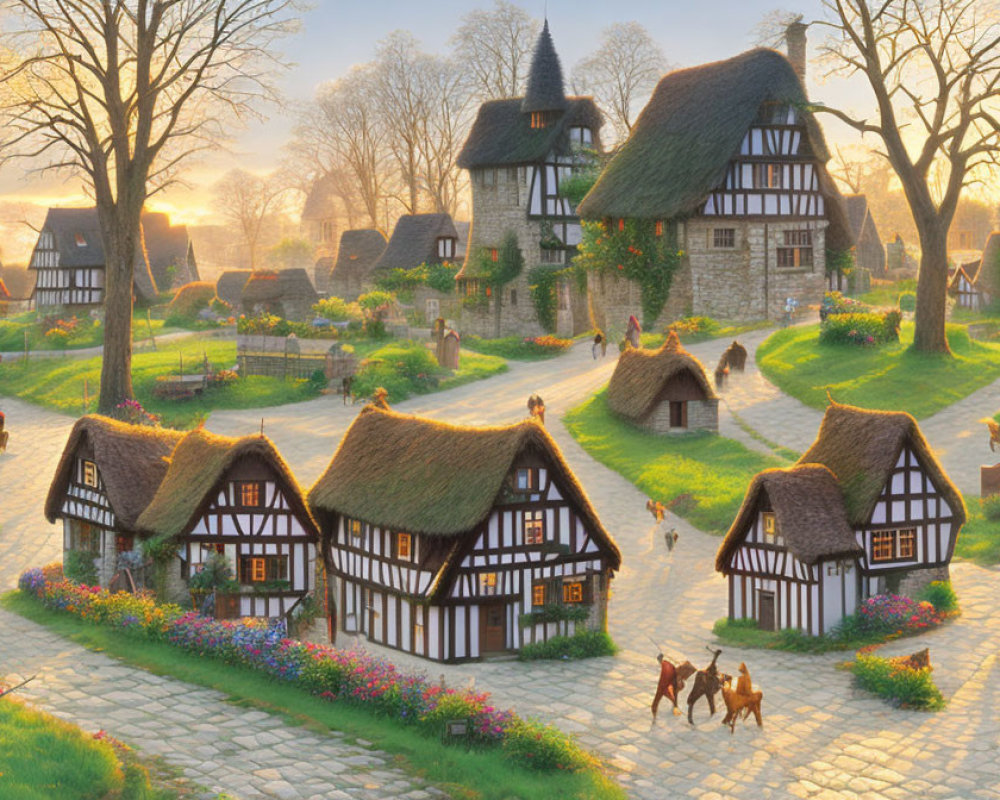 Traditional Half-Timbered Houses in Serene Sunset Village