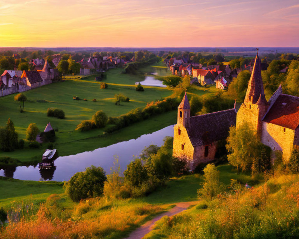 Picturesque village by meandering river at sunset with historic buildings & lush greenery under warm, colorful