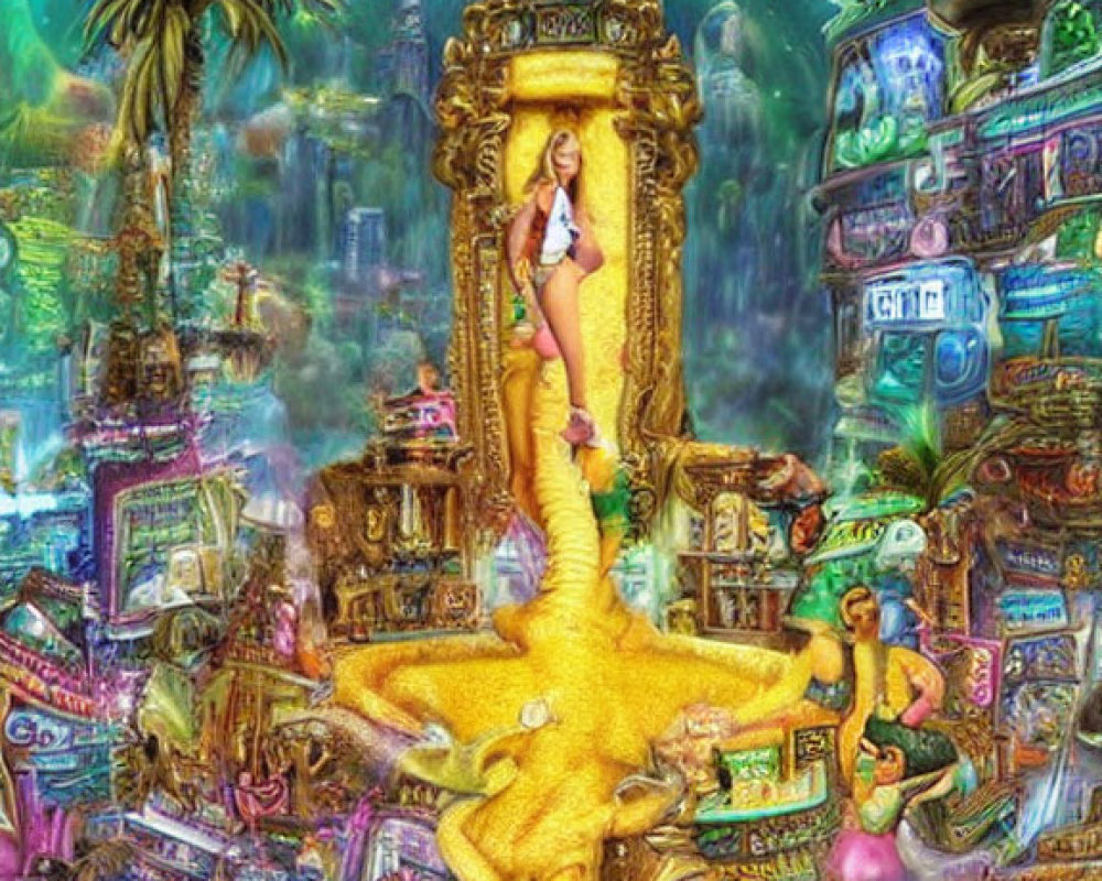 Colorful Psychedelic Art: Golden Structure Amidst Fantastical Elements