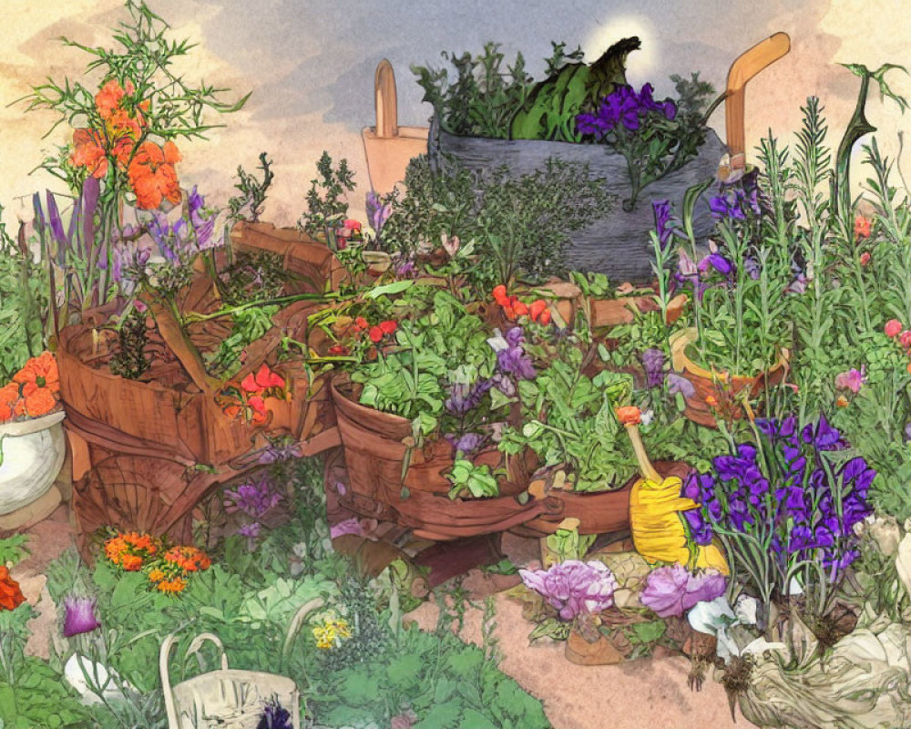 Colorful Herb Garden Illustration with Plants, Flowers, Tools, and Watering Can