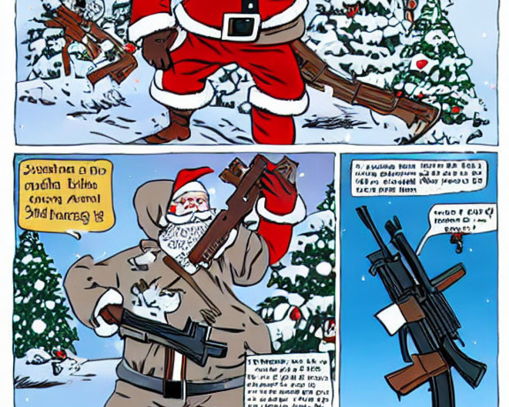 Santa Claus with weapons in snowy comic book scene