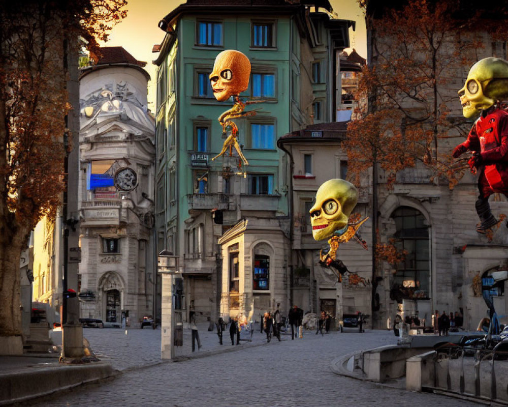 Floating animated character heads above European street at sunset