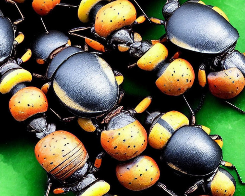 Colorful Beetles with Black, Yellow, and Orange Spotted Exoskeletons on Green Background