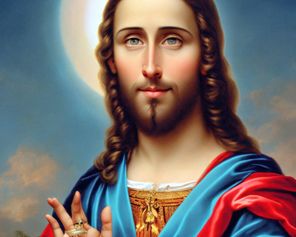 Traditional Christian depiction of Jesus with halo, blessing, red robe, blue cloak, sacred heart.
