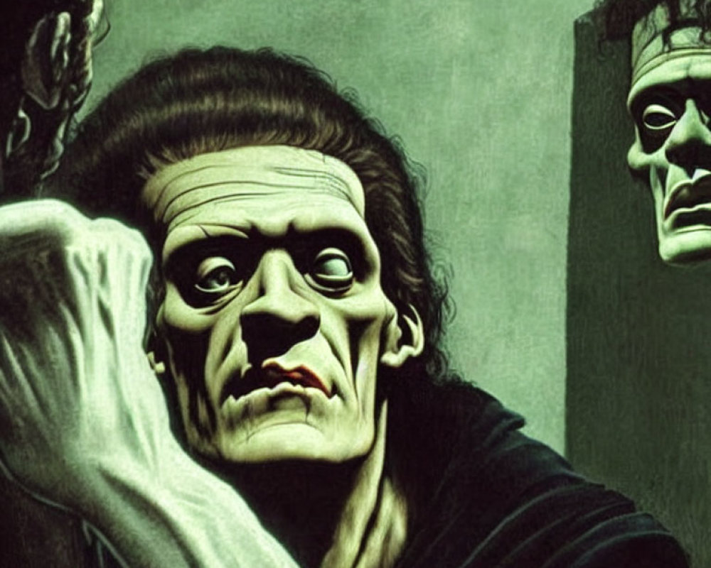 Illustrated portrait of Frankenstein's monster with pensive expression on greenish background