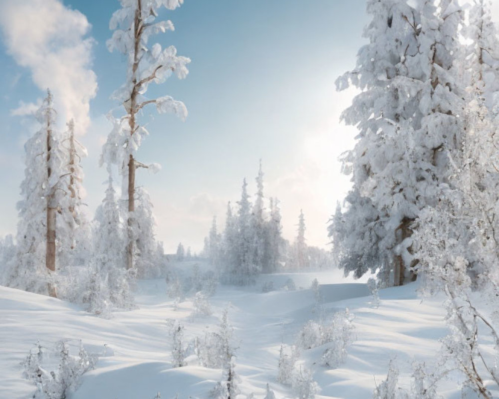 Serene wintry landscape with snow-covered trees and soft sunlight