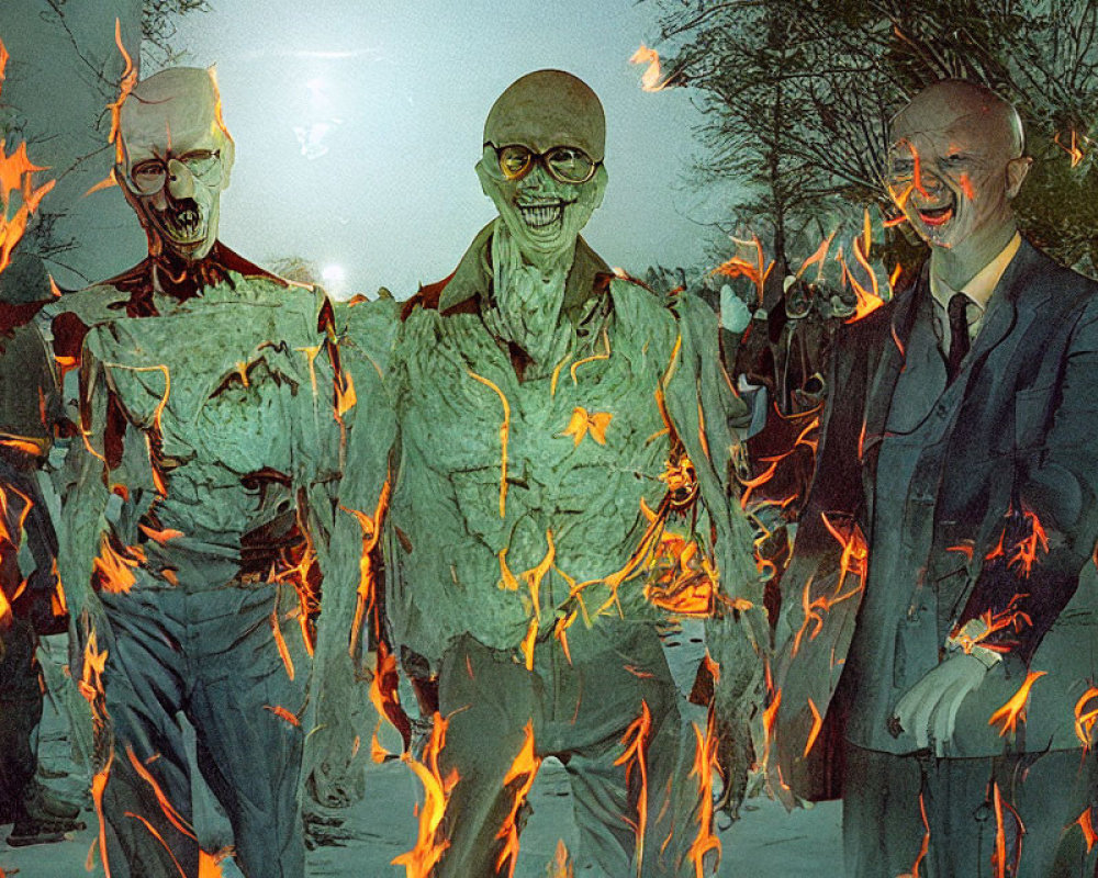 Fiery zombie-like figures in hazy outdoor scene