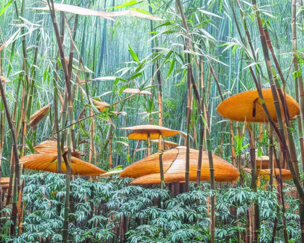 Lush Bamboo Forest with Towering Stalks and Yellow Mushroom-Like Sculptures
