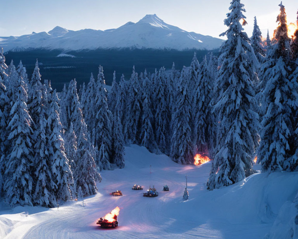 Snowy Dusk Scene: Snowmobiles, Pine Trees, Mountains, Clear Sky