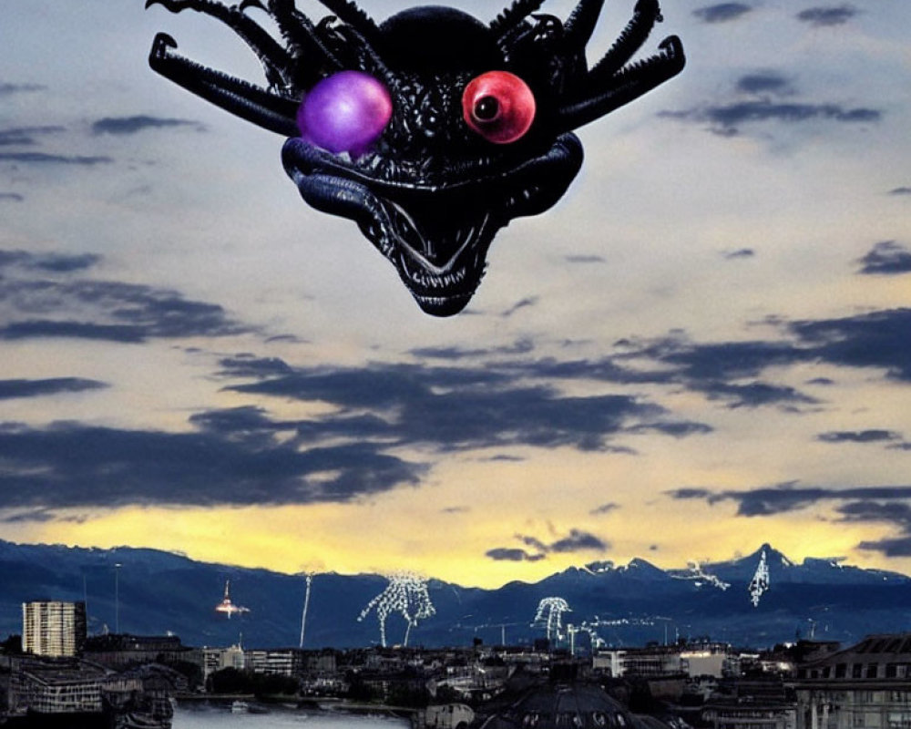 Colorful-eyed creature with tentacles hovers over cityscape at dusk