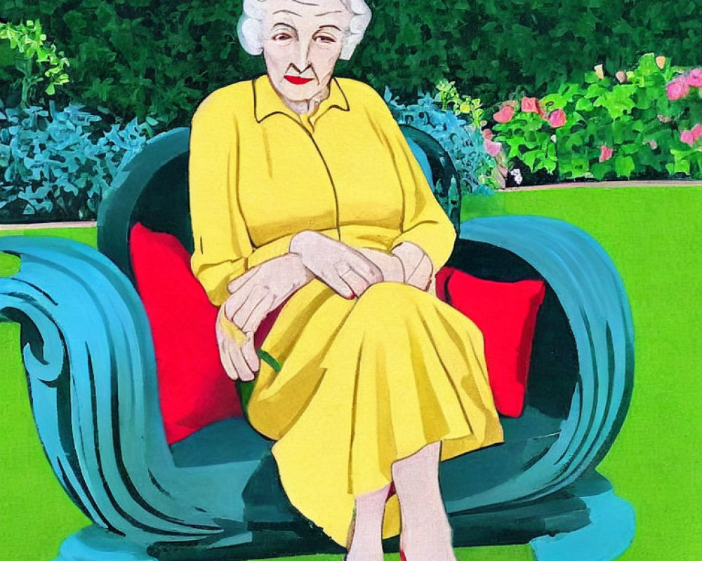 Elderly woman in yellow dress on turquoise sofa surrounded by greenery