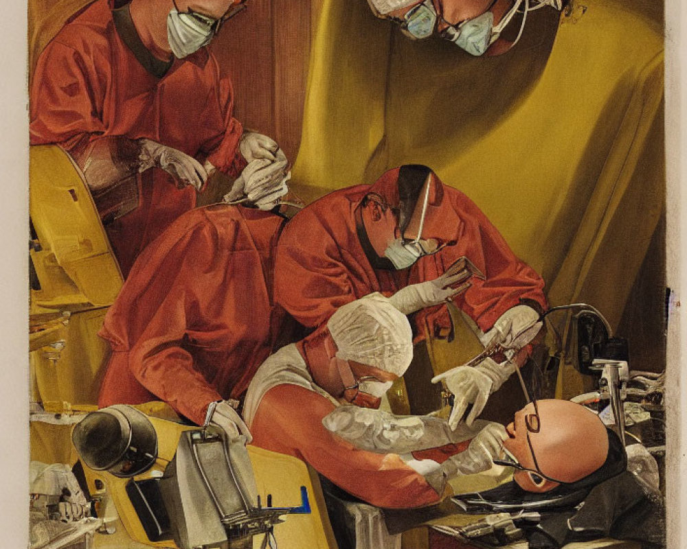 Vintage surgical scene: two surgeons in red and white operating in old medical room.