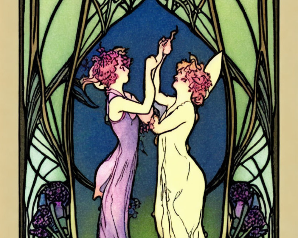 Stylized women in flowing dresses with Art Nouveau floral backdrop
