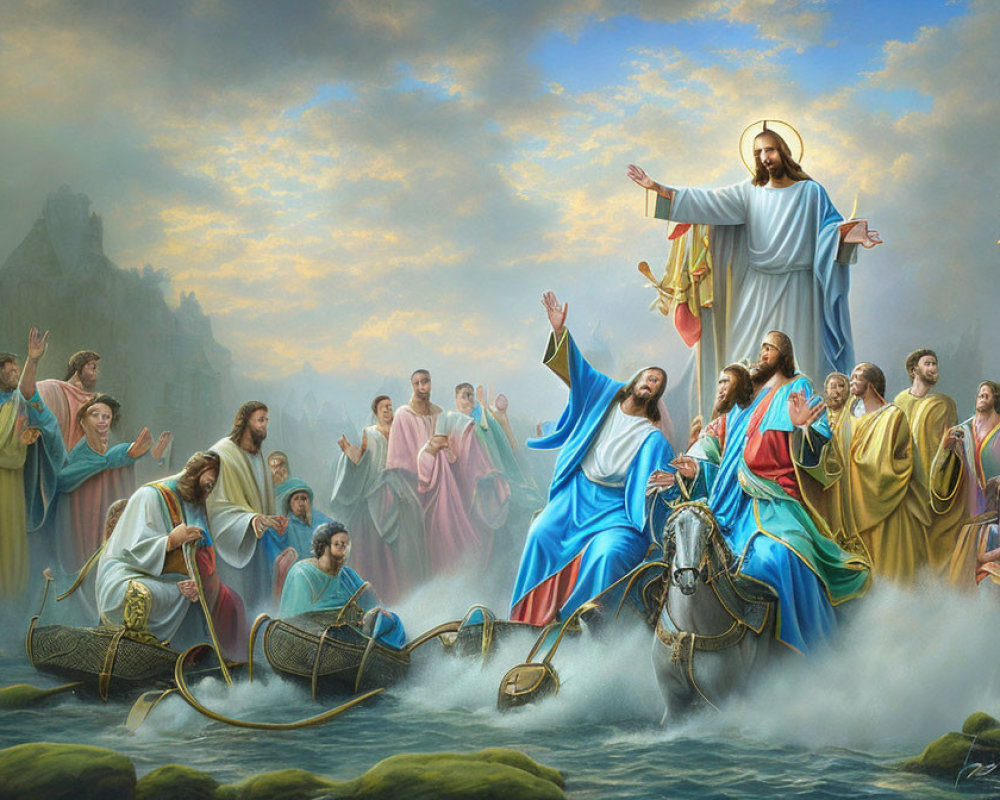 Biblical painting of Jesus and disciples on a boat under heavenly light