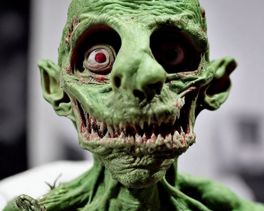 Realistic Green-Skinned Zombie Model with Sharp Teeth in Dimly Lit Scene