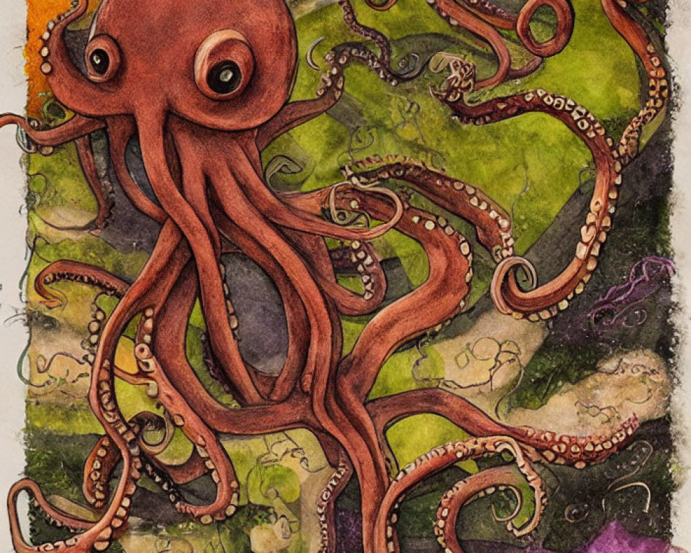 Detailed octopus illustration on green textured background with cyrillic text.
