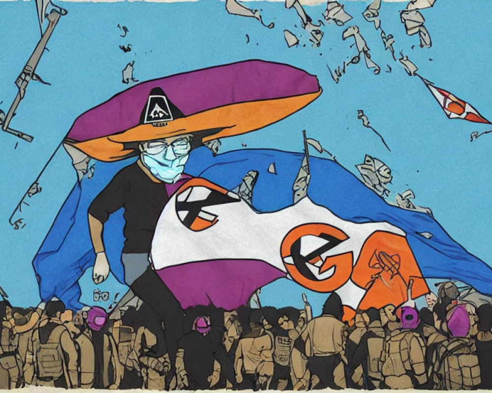 Illustration of masked person with flag in protest scene