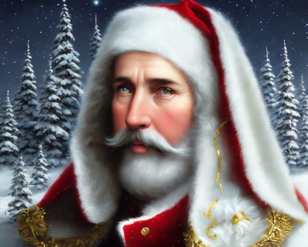 Solemn Santa Claus portrait with snowy forest backdrop