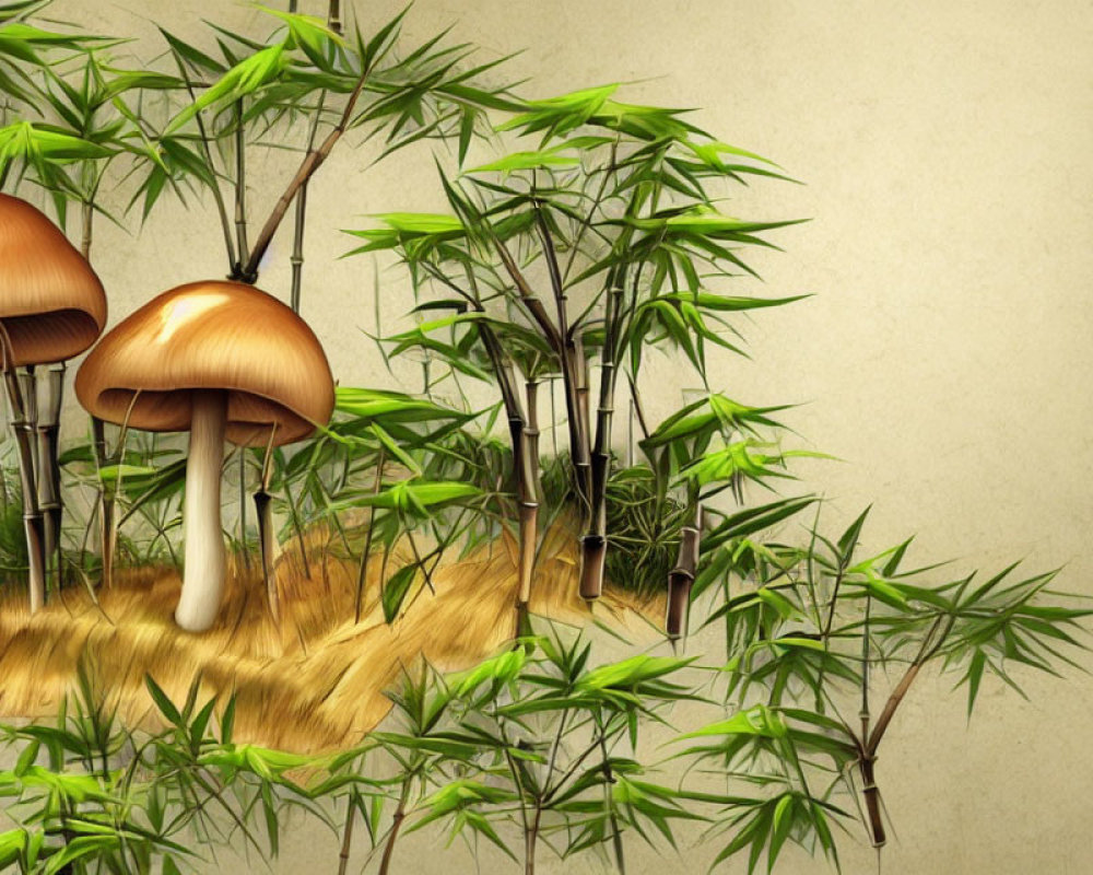 Two Mushrooms with Bamboo on Beige Background