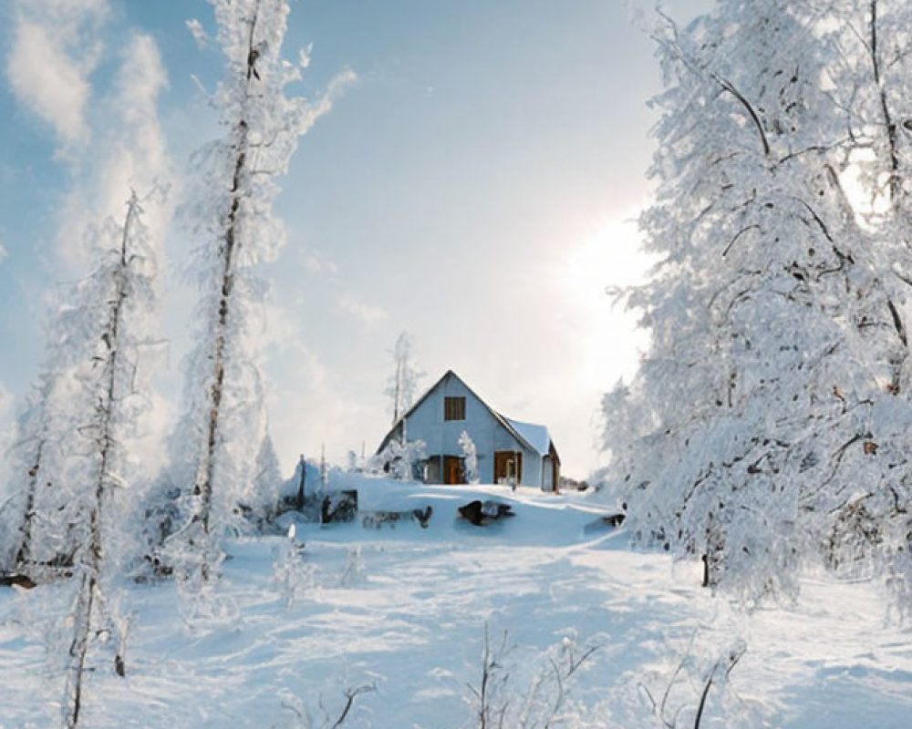 Snowy Winter Landscape with Small House and Sun Peeking Out