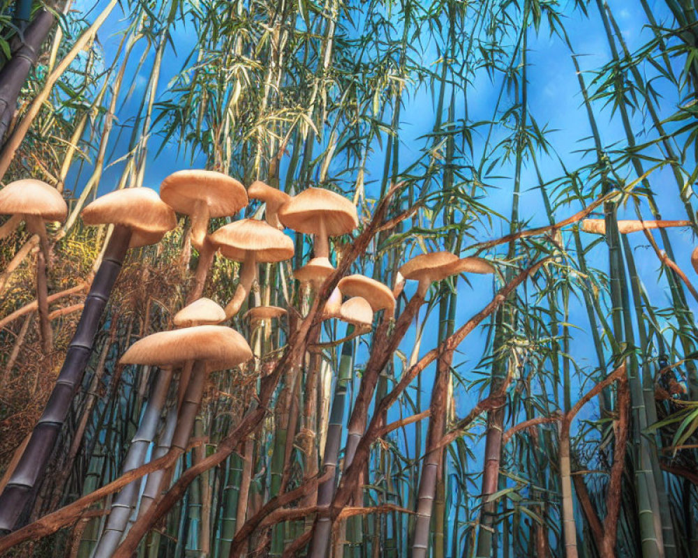 Mushrooms cluster with bamboo and lush leaves in serene woodland.