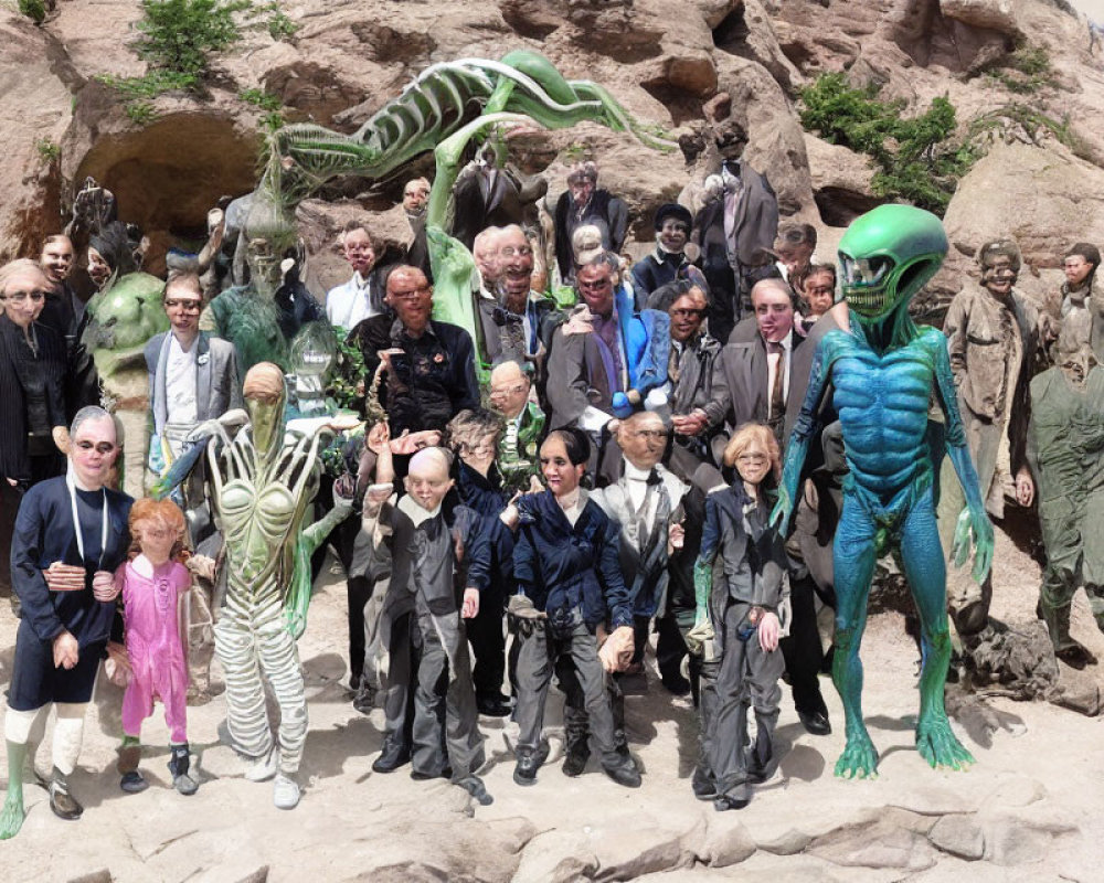 Sci-fi costumed group with alien statues in rocky outdoor scene
