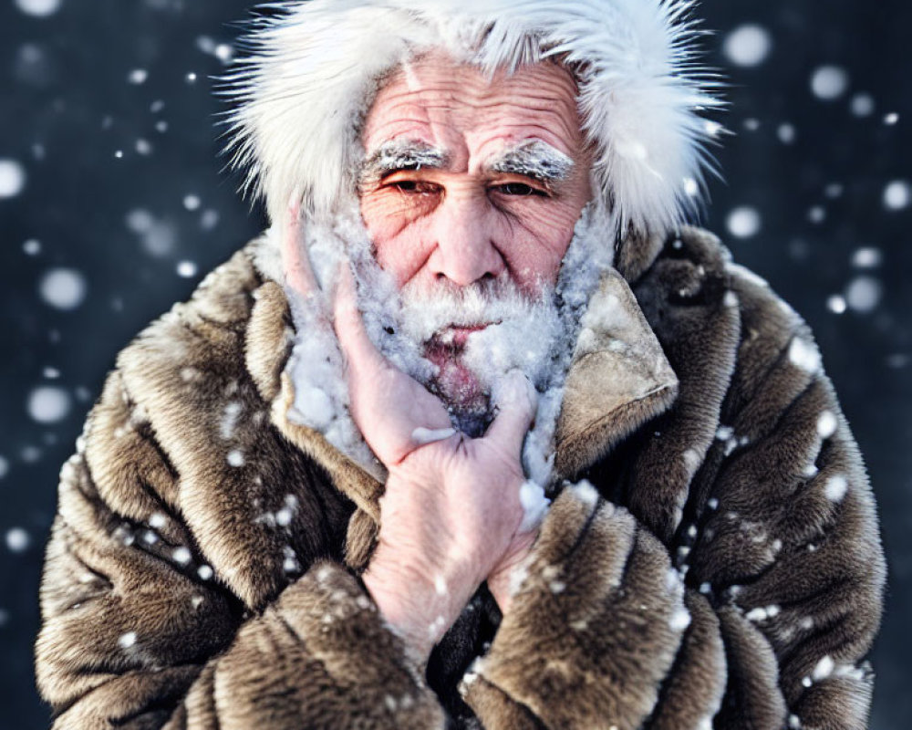 Elderly man in fur hood and coat gazes thoughtfully in snowy scene