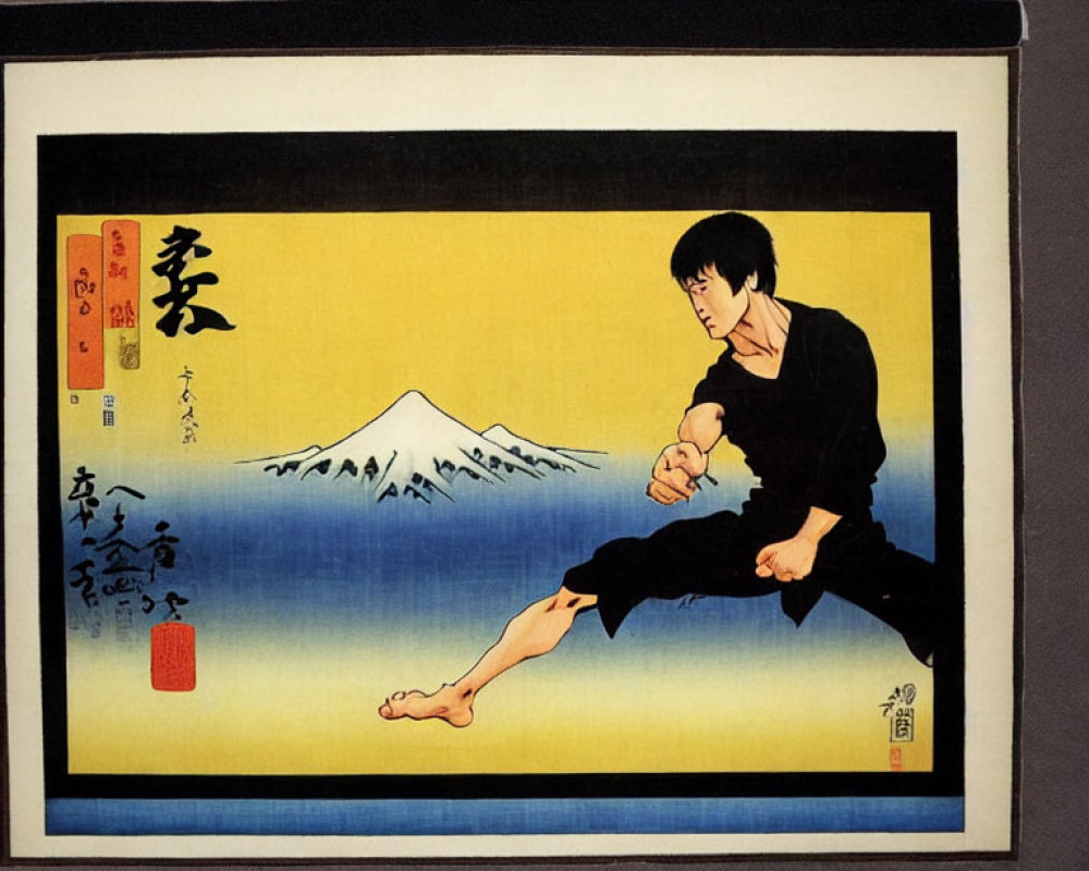 Black-clad martial artist executing high kick with Mount Fuji backdrop in Japanese art style