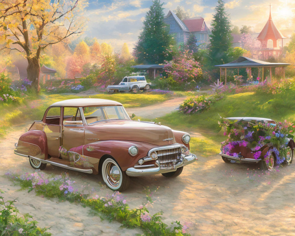 Vintage cars, charming house, lush gardens in warm sunlight