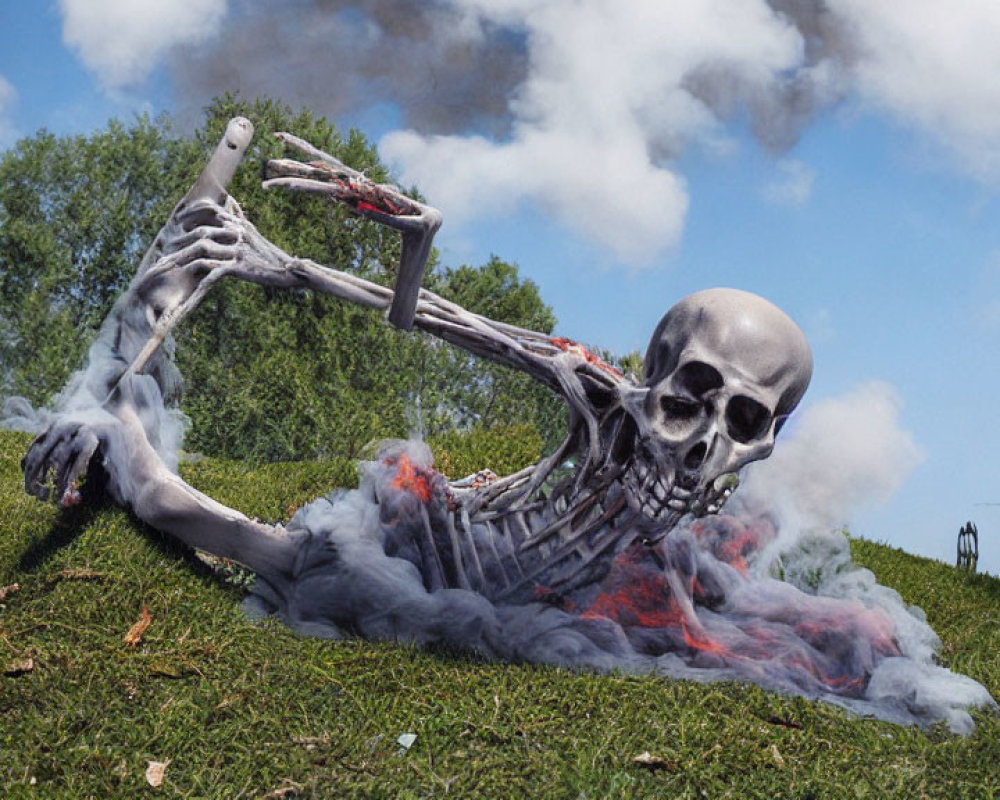 Realistic digital artwork of skeleton on grass with large skull and red mist.