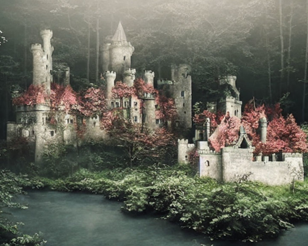 Overgrown castle in dense forest with red foliage and misty ambiance