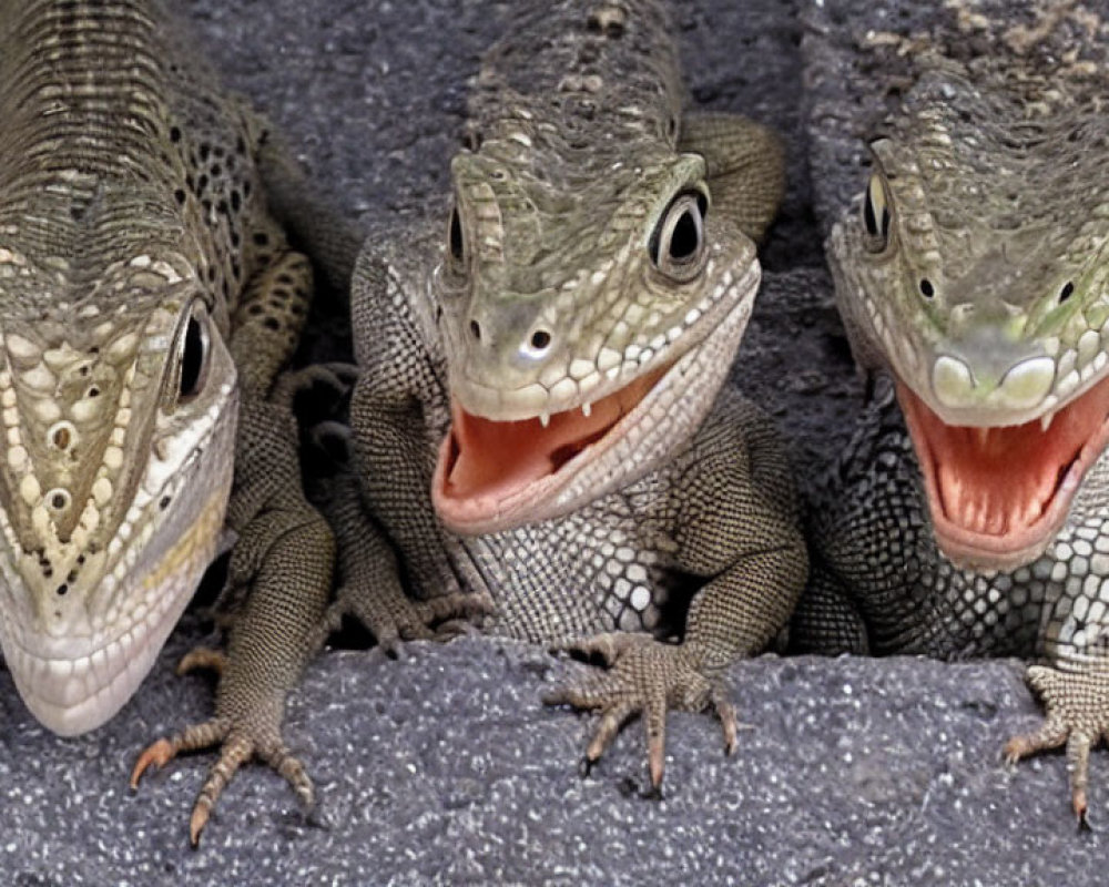 Three lizards on rough gray surface, one with open mouth