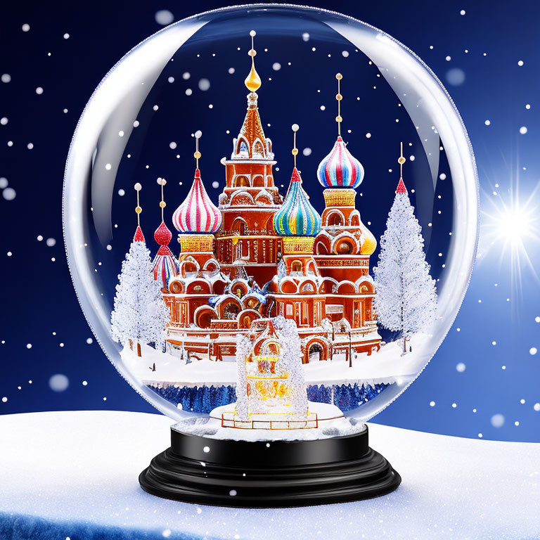 Snow globe with Saint Basil's Cathedral miniature and falling snowflakes on starry night sky