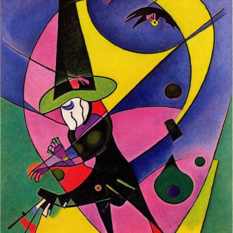 Colorful Abstract Painting of Stylized Figure with Top Hat & Geometric Shapes