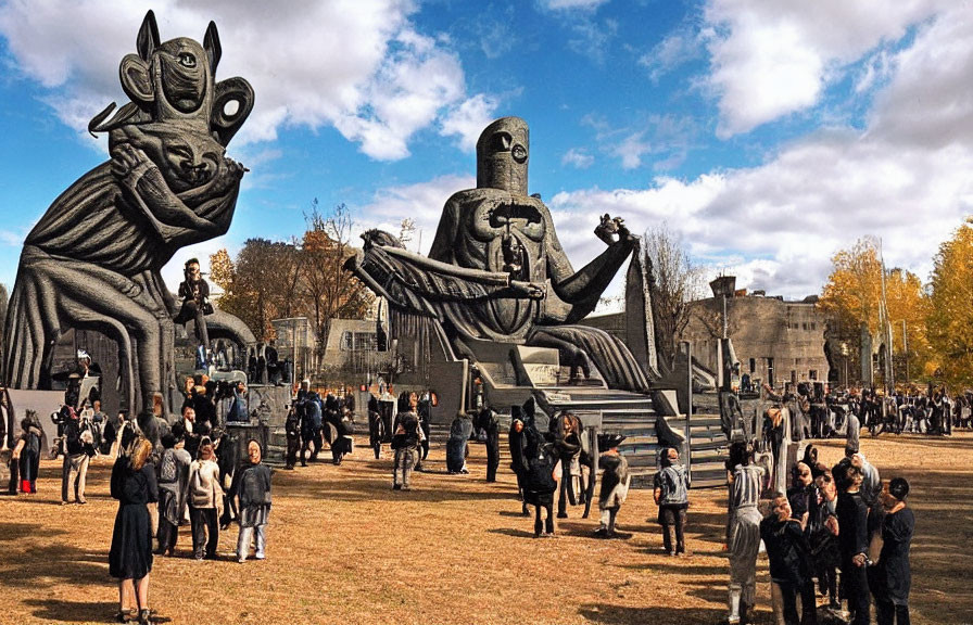 Large Monochrome Sculptures Draw Crowds in Park Under Partly Cloudy Sky